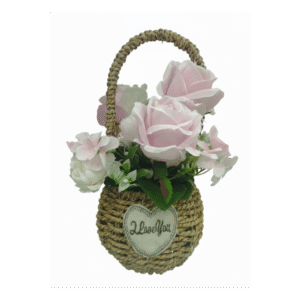 Artificial Rose Basket "I Love You" – Pink Faux Flower Gift Decor