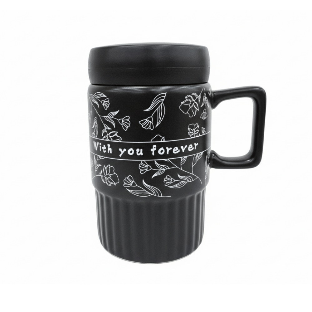 "With You Forever" Floral Ceramic Travel Mug Insulated Coffee Cup ( Black)