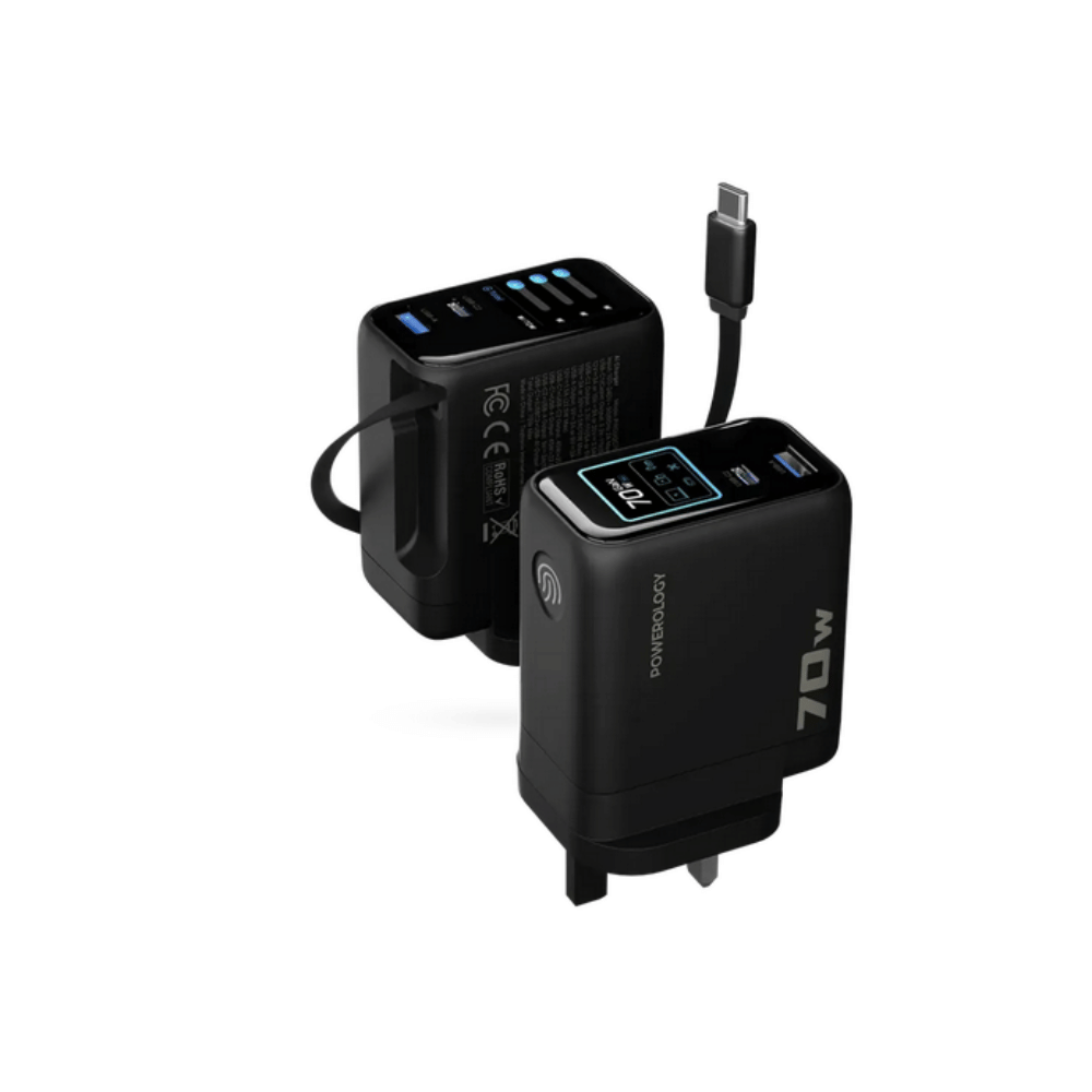 Powerology 70W TFT Adapter Retractable Type-C Cable - Black