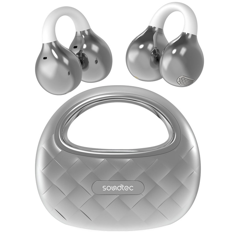 Porodo Soundtec Vogue Open-Ear Clip-On Wireless Earbuds with Case, Touch Control Earphone, Voice Assistant Headphone, 5 Hours Playtime, Bluetooth V5.4, Clear Calls With Omnidirectional Mic (Silver)