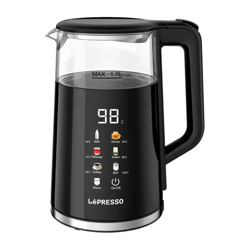 LePresso Smart Cordless Electric Kettle with LED Display, App & Touch Control, 1.7L Capacity, 2200W, Timer Function, Built-in Safeguards, Boil-Dry Protection, Stainless Steel & Lightweight - Black