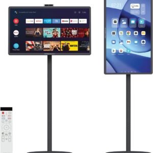 Powerology 32 Inch Portable Smart Monitor, FHD 60Hz Cordless Screen, Wi-Fi & Bluetooth, Portable Android TV on Wheels, Touch Screen, 2× Built-In Speakers, 38400mAh Battery